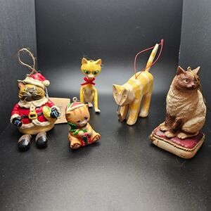Vintage Cat Christmas Ornaments Lot Resin Folk Art Santa Kitten Holiday Decor